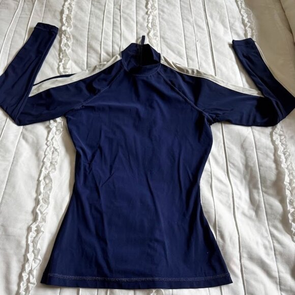 J. Crew Long Sleeve Rash Guard Women XS Navy Blue Striped Pullover Swim Top - Picture 1 of 6